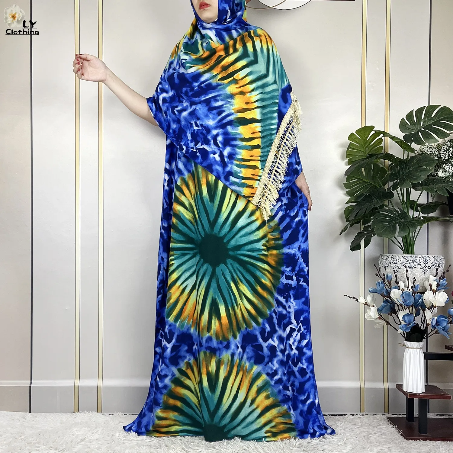 New Fashion Dress Short Sleeve With Big Scarf African Dashiki Printing Tie-dyed Cotton Boubou Maxi Islam Summer Women Loose Robe