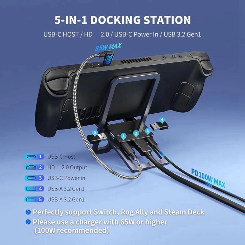 5 In 1 USB C Docking Station, Foldable Metal Charging Stand For Steam Deck/Switch/ROG Ally X/Legion Go