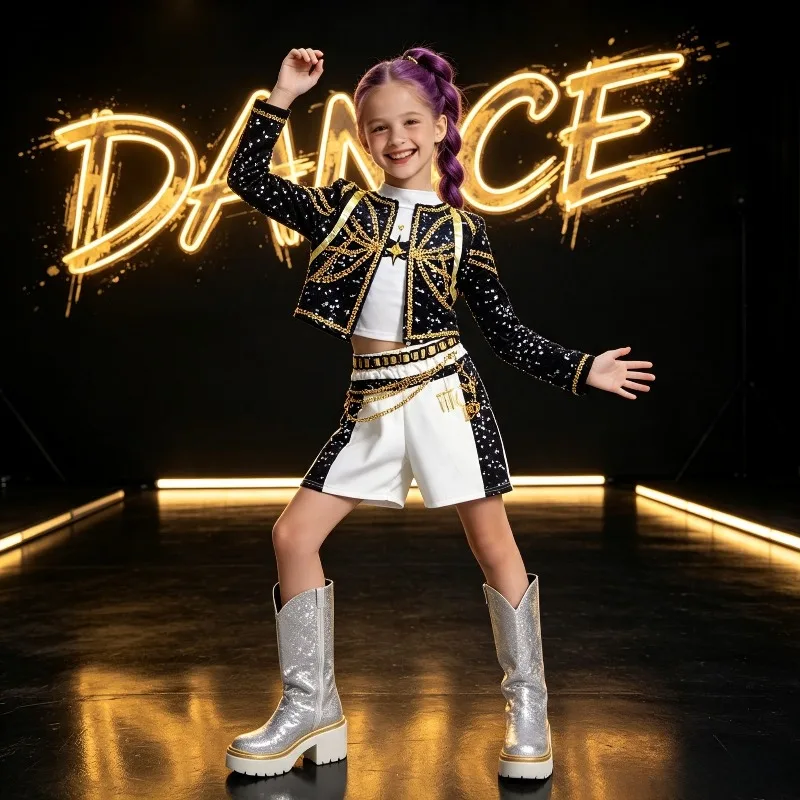 Kids Girl Kpop Stage Performance Costume, Hip Hop Cropped Jacket Shorts 2PCS Set, Streetwear Idol Concert Dance Party Outfit