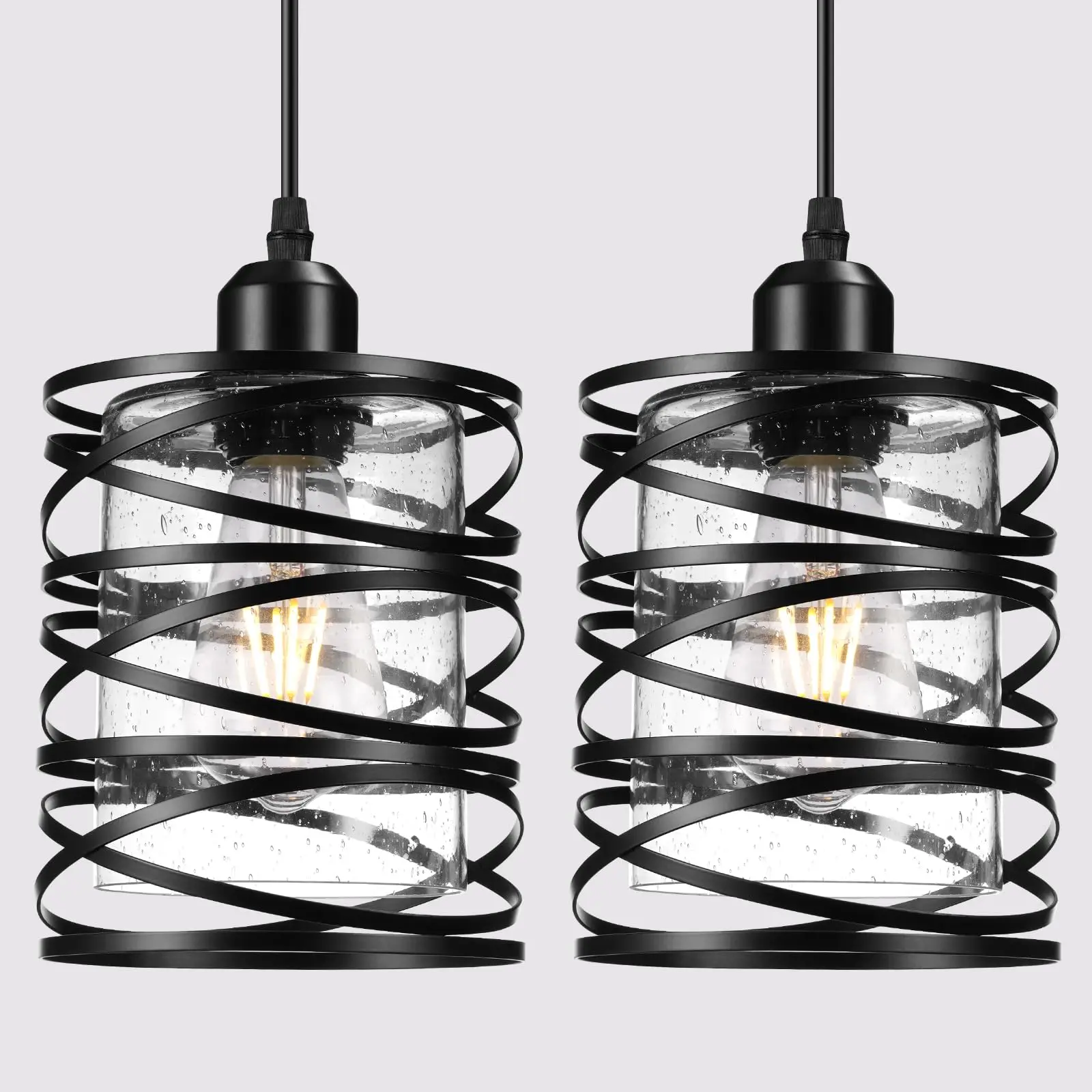 

2 PACK Black Farmhouse Pendant Lights Kitchen Island Decor, Modern Seeded Glass Over Sink Pendant Light Fixture