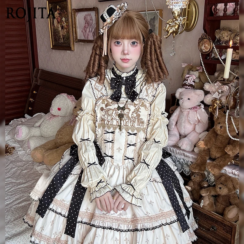 

Lolita Original Sleeveless Dress Women Holiday JSK Doll Feel Bear Embroidery Dog Tooth Birthday Dress Vintage Dress