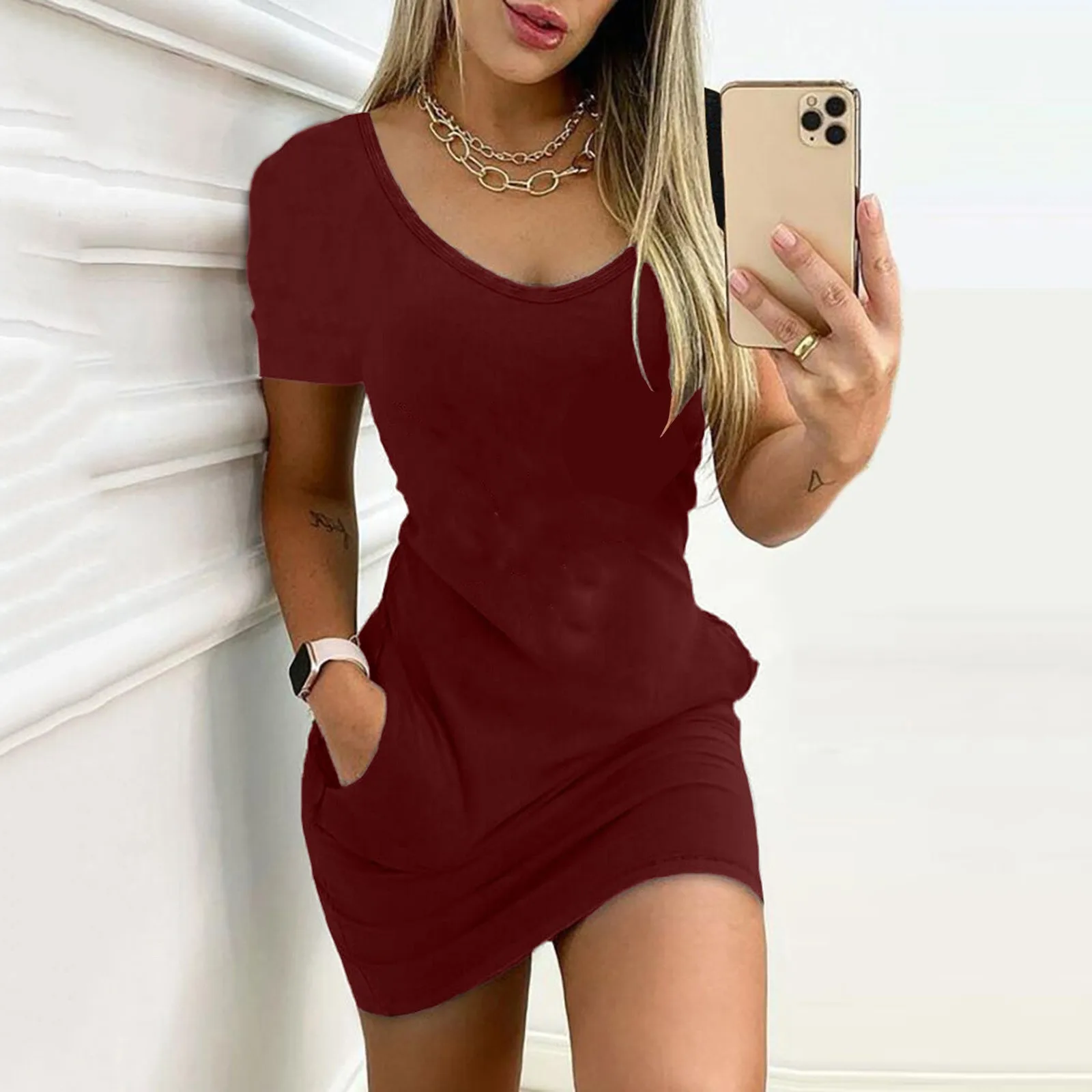 Maxi Dresses Woman 2024 Girl Style Drawstring Dress Short Sleeve Round Neck Mini Dress Solid Colour Cotton Casual T-Shirt Dress