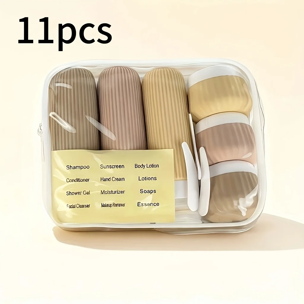 Set de 11 Piezas de Artículos Esenciales para Viaje, Set de Bolsas de Aseo Aprobadas por la TSA, Incluye 3 Botellas de Silicona Reutilizables a Prueba de Fugas, 3 Tarros para Crema, 3 Sets de Accesorios, 1 Adhesivo y 1 Bolsa de Almacenamiento Transparente