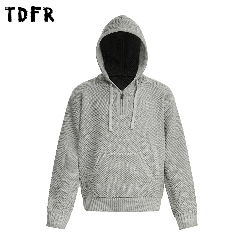 

Solid Color Hooded Sweater Mens Autumn Winter Simple Casual Loose Front Pocket Loose Long Sleeve Knitted Sweater Man