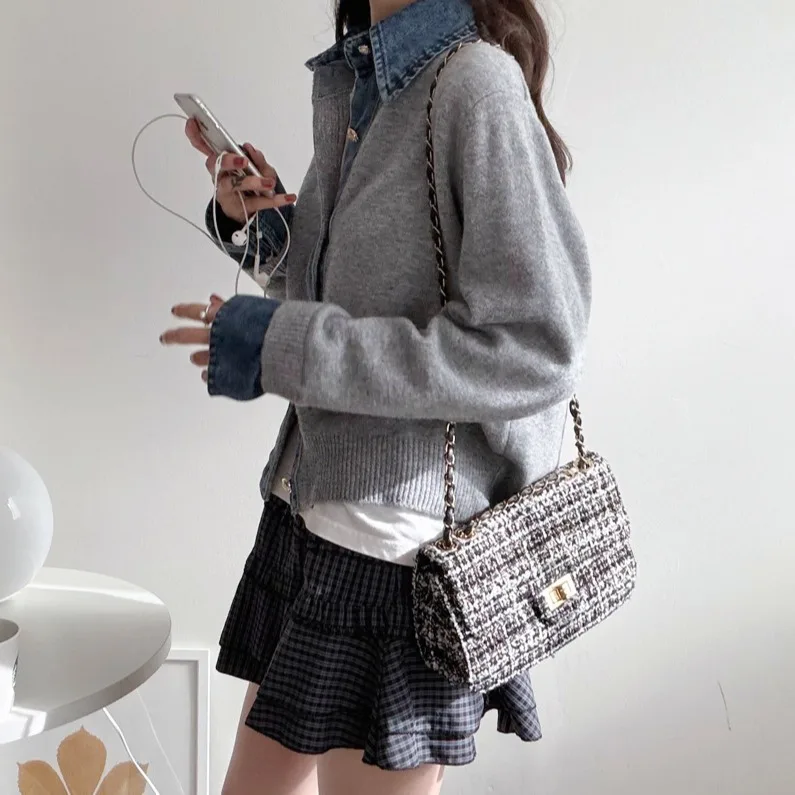 Women's Knitted Sweater Autumn Winter Chic Denim Patchwork Slimming High-End Lazy Sle Open-Front Knitwear Top