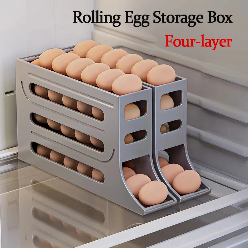 

4 Tier Automatic Rolling Egg Holder Dispenser Refrigerator Egg Storage Box Kitchen Large Capacity Egg Dispenser Fridge Organizer