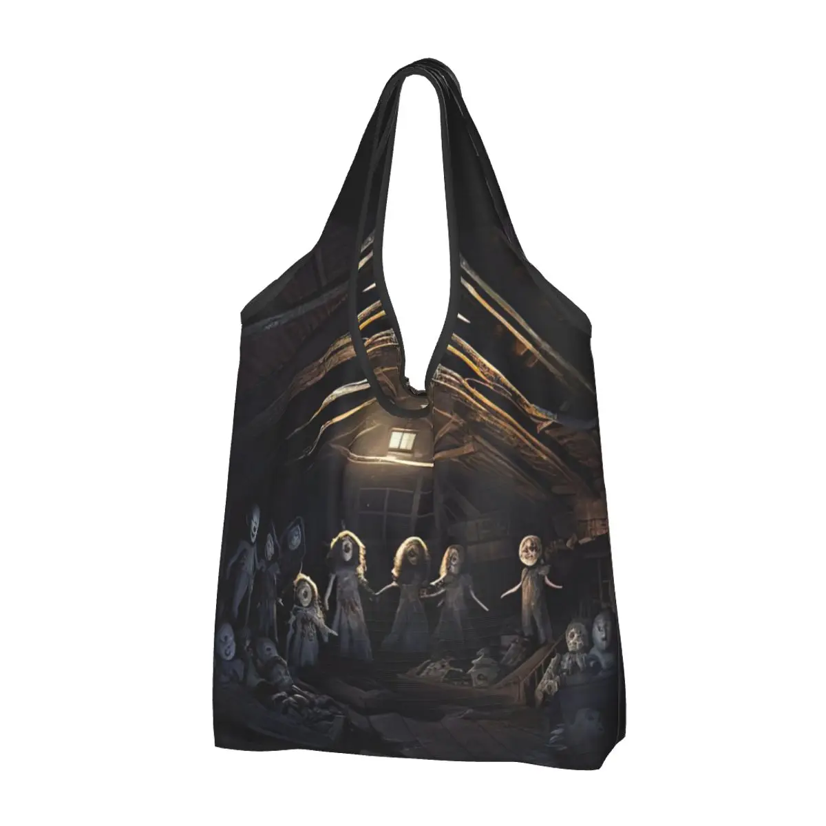 Haunted Attic With Possessed Creepy Dolls Portable Tote Shopping Bags Large Capacity Shopper Bag Grocery Handbag Shoulder Bag