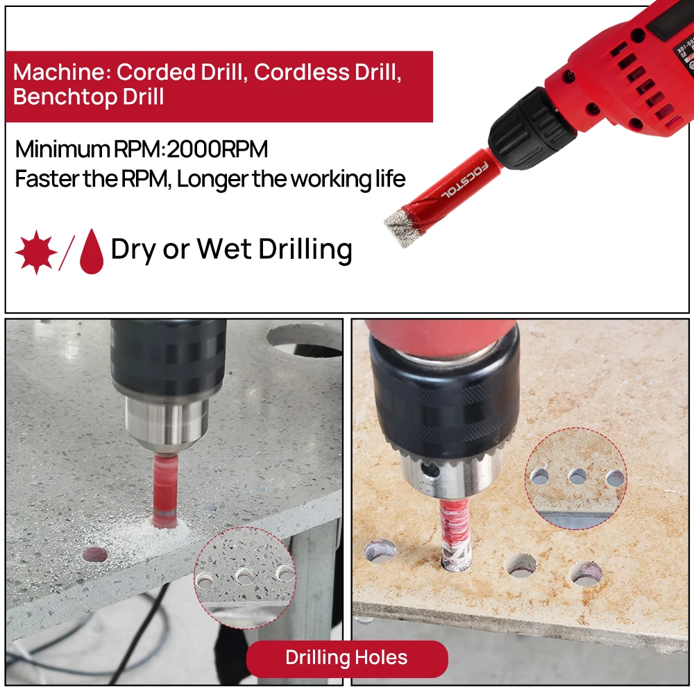 FOCSTOL Diamond Drill Core Bit Tile Drill Bit Set Round Shank Drill Bit for Ceramic Porcelain Tile Hole Saw Drill Core Bit