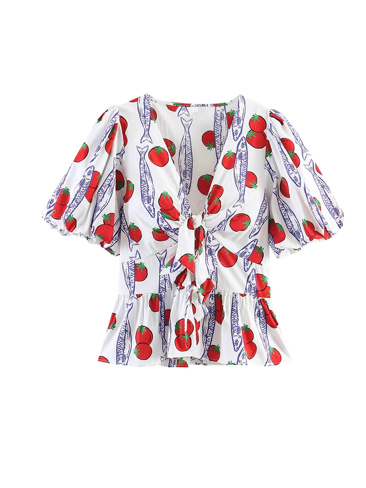 Blusa Feminina com Estampa de Tomate e Sardinha, Manga Bufante, Decote V Transpassado, Cintura com Laço e Peplum para o Verão