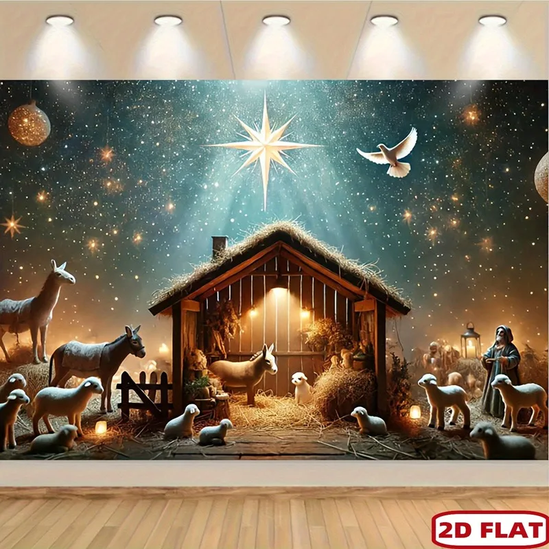 VIKAMA Nativity Stable Tapestry, Christmas Star Sheep Dove, Religious Xmas Wall Hanging for Home Church Bedroom Decor