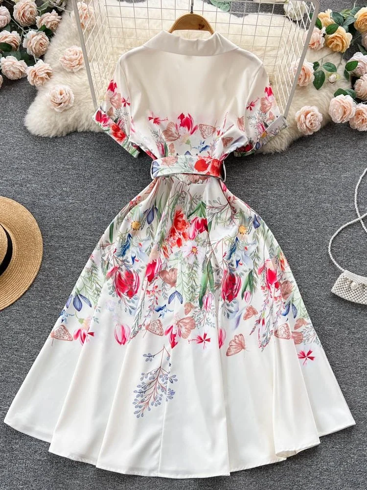 Jamerary Zomer Bloem Overhemd Jurk Dames Casual Vintage Gekerfde Kraag Korte Mouw Bloemenprint Midi Jurken Kantoorwerk Riem