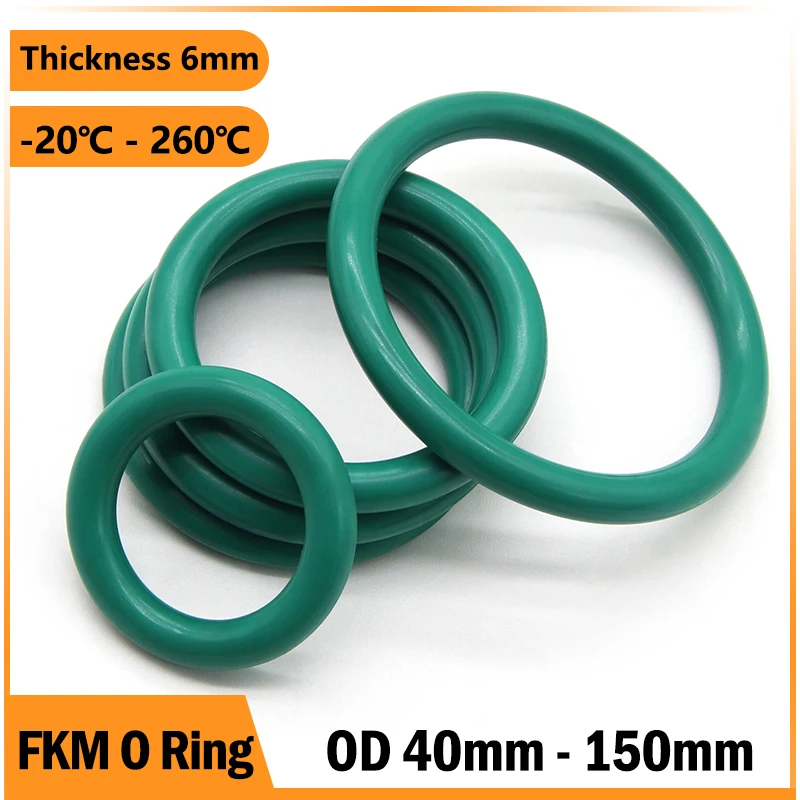 

Green FKM Fluororubber O-rings Sealing Ring Thickness CS 6mm OD 40mm ~ 150mm O Ring Fuel Washer Oil Resistant Acid & Alkali