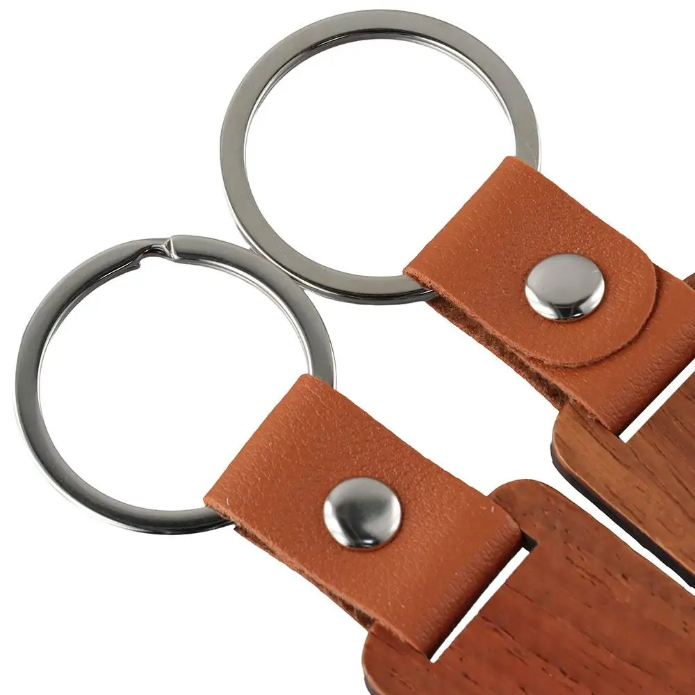 Walnut Wood Unfinished Wood Rectangle Leather Wood Keychain Wooden Leather Keychain DIY Engraving Gift