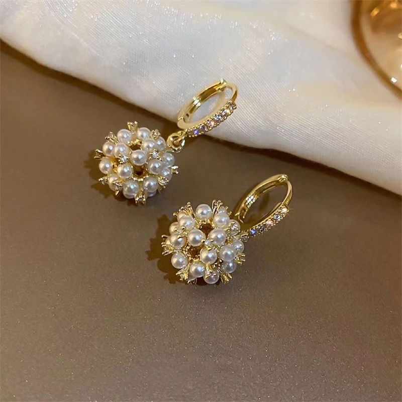 Luxury Pearl Bead Fireworks Ball Pendant Earrings Korean Fashion Crystal Zircon Gold Color Pearl Earrings Women's Jewelry Gifts