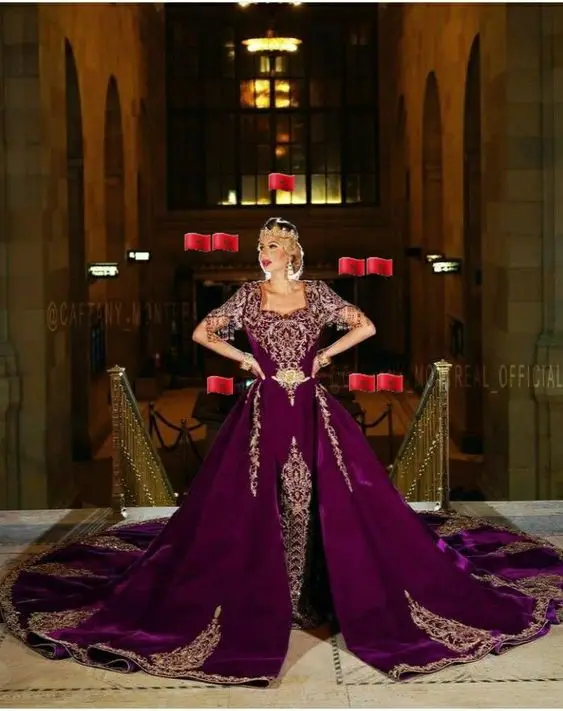 Moroccan Traditional Kaftan Prom Dresses Grape Purple Tassel Cap Sleeve Gold Applique Arabic Caftan National Evening Gown