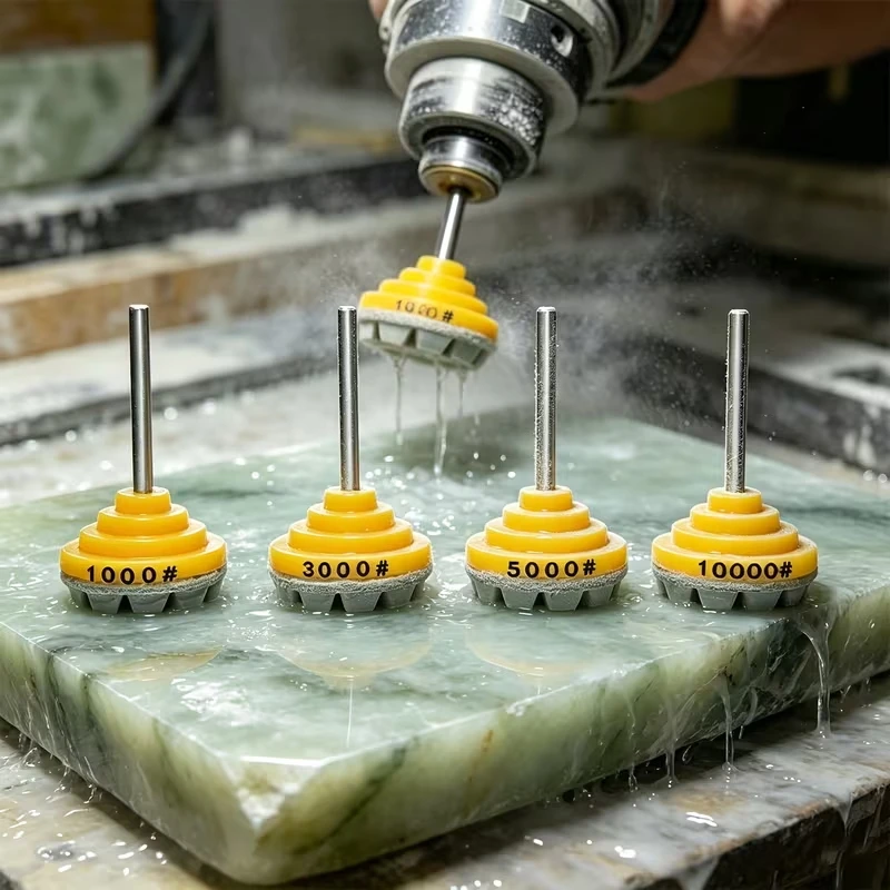 4-Piece Diamond Grinding Head Set 1000 # /3000 # /5000 # /10000 #   Resin Grinding Disc with Handle, Polishing Head for Stone, Glass, Ceramic, and Curved Surfaces, Electric Grinder Accessories.
