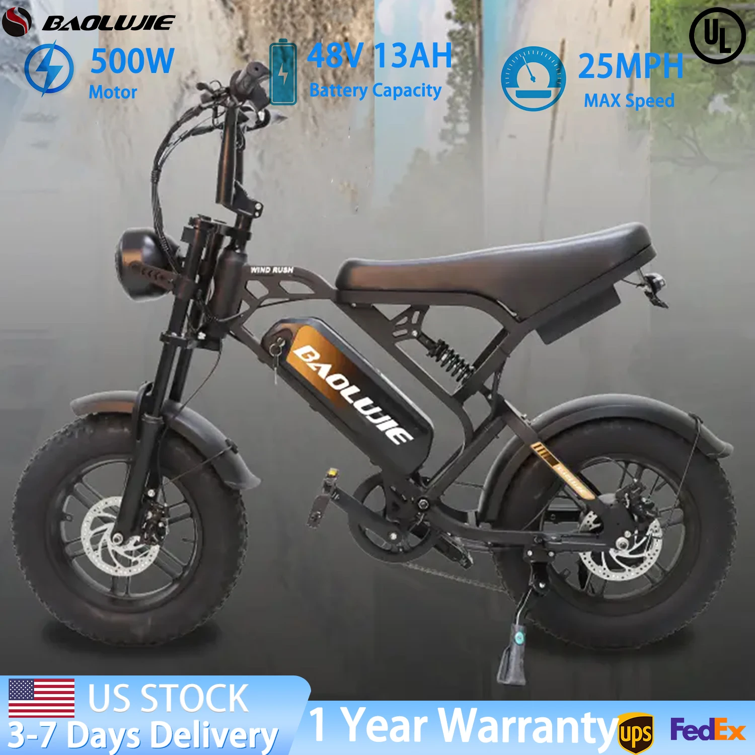 BAOLUJIE F2 bicicleta eléctrica para adultos 500W Motor 48V13AH batería bicicleta eléctrica freno hidráulico 16 "* 4" neumático ancho E-bike UL2849