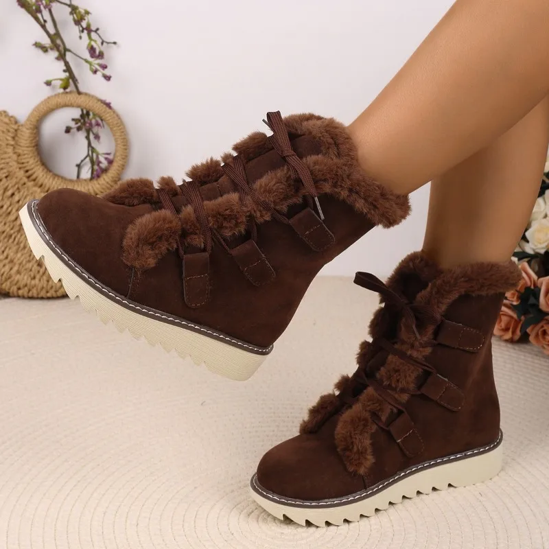 Padded Padded Booties Fashion Round Toe Suede Lace-up Non-Slip Wear-Resistant Flat Cotton Shoes