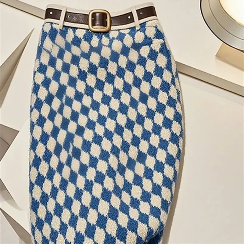 กระโปรงทรงดินสอผ้าถักลายสก็อตเอวสูงทรงเข้ารูปสำหรับผู้หญิง แฟชั่นใหม่ เสื้อผ้าผู้หญิง