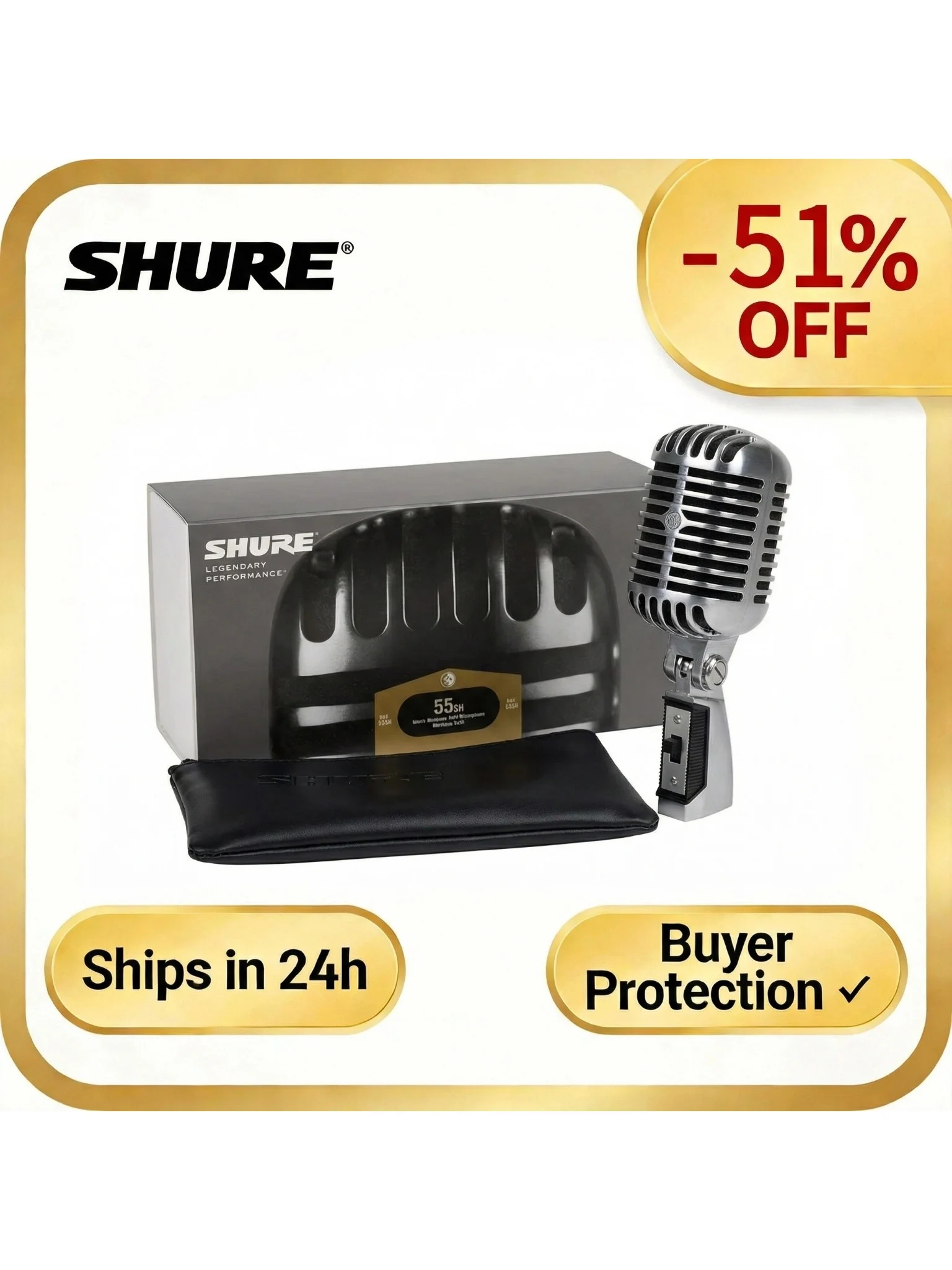 Microphone dynamique Shure 55SH Series II, style métal vintage, micro vocal classique emblématique pour les performances live et le karaoké 3
