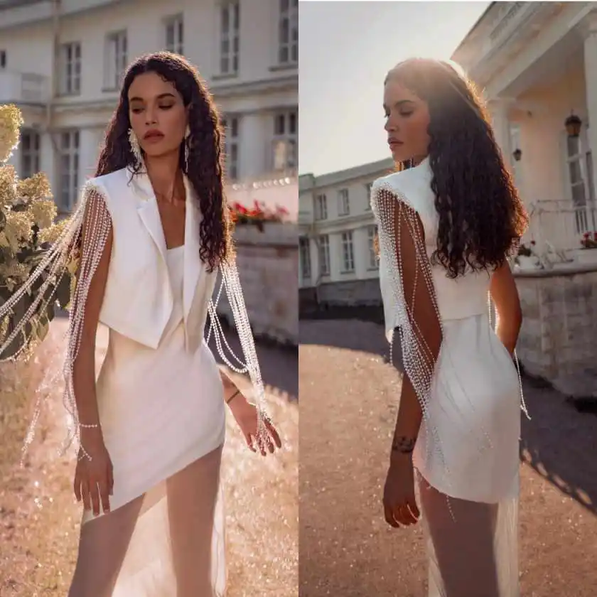

Spring Summer Women's Suit 2 Piece Jacket Skirt Sleeveless Pearls Lace Formal Banquet Prom Blazer Customized
