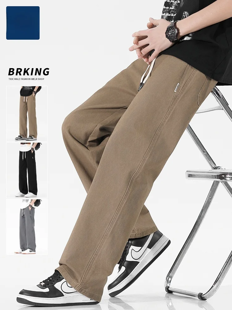 

American Sle Men's Pure Cotton Work Trousers Spring Loose Straight Leg Elastic Waist Casual Long Pants Youth Faion Brand