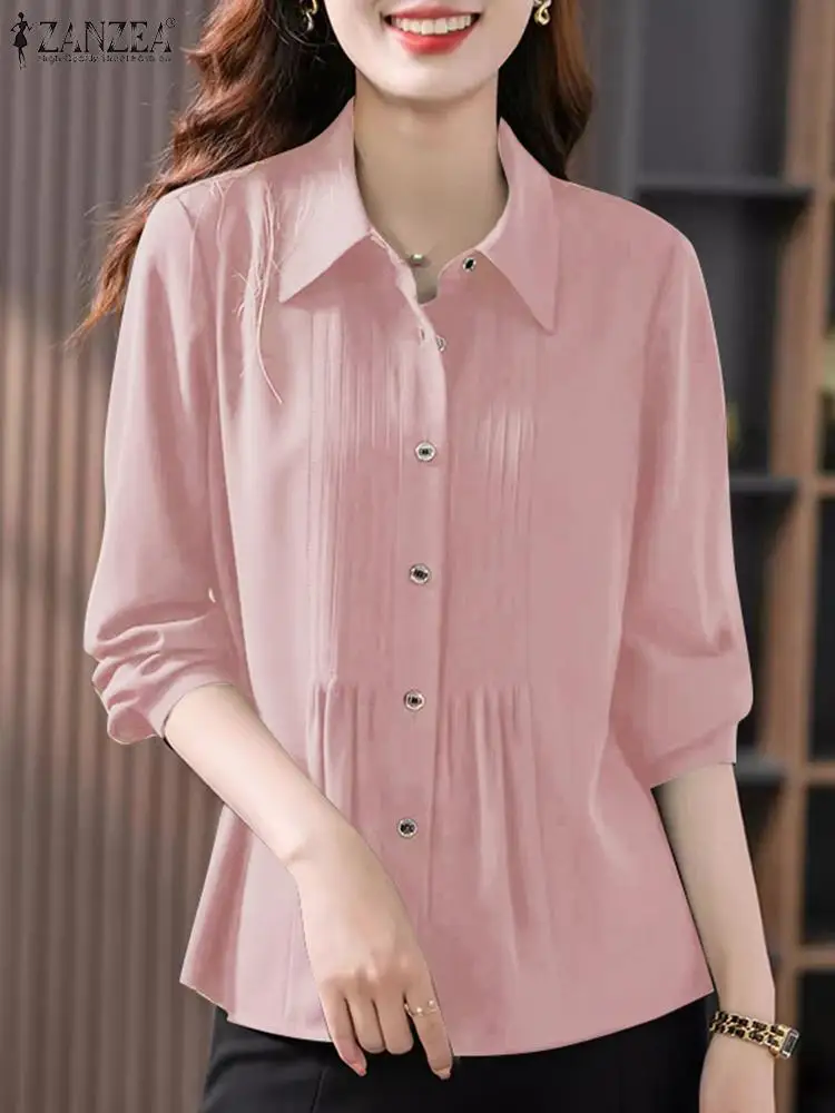 ZANZEA Elegant Women Solid Shirt Fashion Office Pleated Cardigans 2024 Summer Lapel Tunics Oversized 3/4 Lantern Sleeve Tops