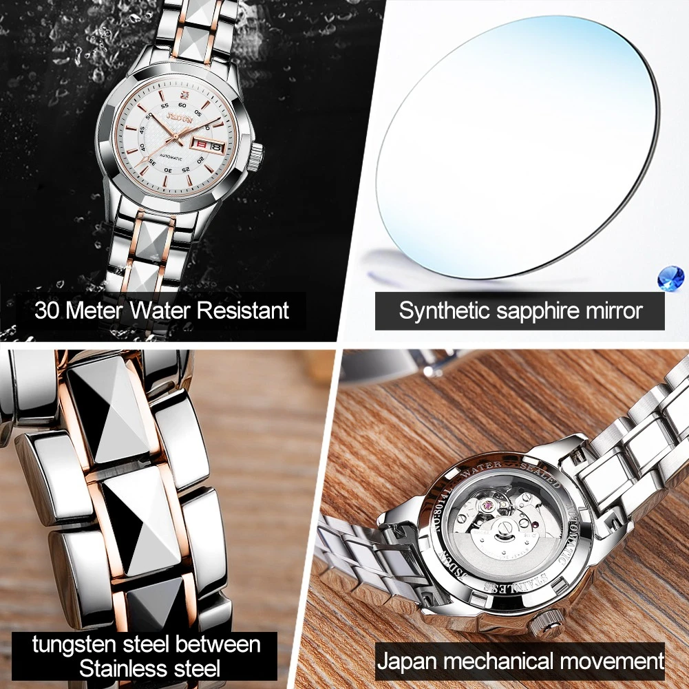 JSDUN 8014 Mechanical Business Watch Gift Tungsten Steel Watchband Round-dial Wristwatch Week Display Calendar