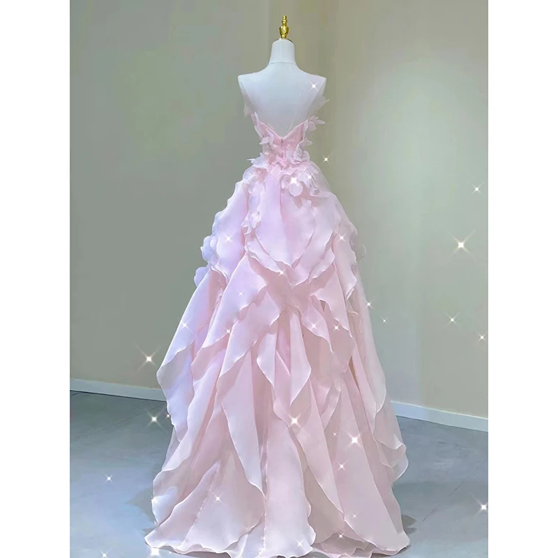 Pink Evening Dress Women Luxury Elegant Ruffles Fairy Birthday Prom Gown Exquisite Sleeveless Bride Banquet Sukienka Customized