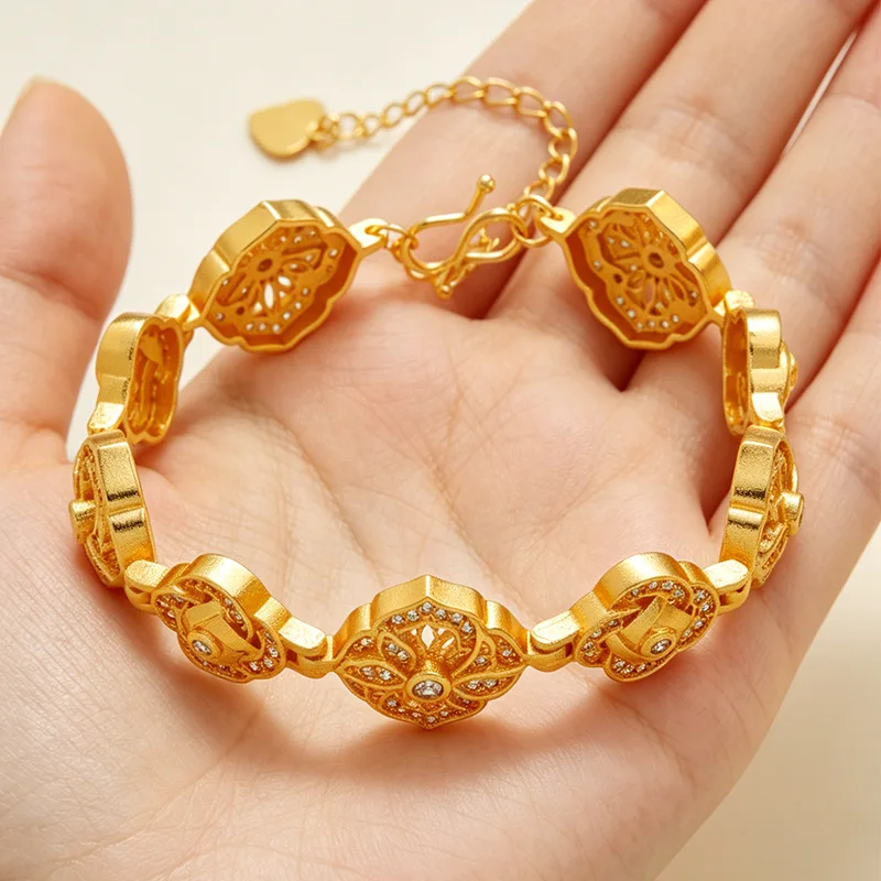 Luxury 24K 9999 Pure Gold real gold Women's Octagonal Window Flower Bracelet Hollow Geometric Flower Bracelet