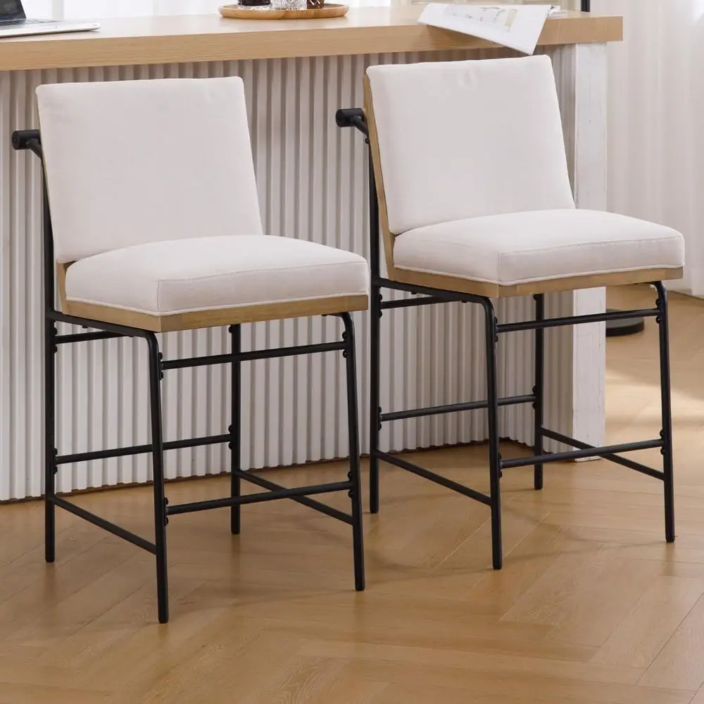 

Linen Fabric 25.75 Seat Height Low Backless Barstools Set of 2 with Metal Legs for Home Kitchen, Beige