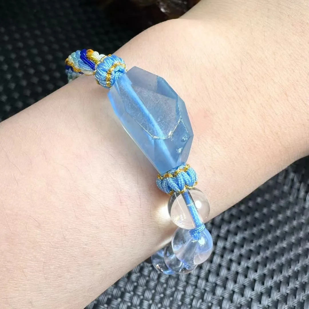 

1 Pc Fengbaowu Natural Aquamarine Hand-Knitted Bracelet Irregular Shape Crystal Reiki Healing Stone Jewelry Gift For Women Men