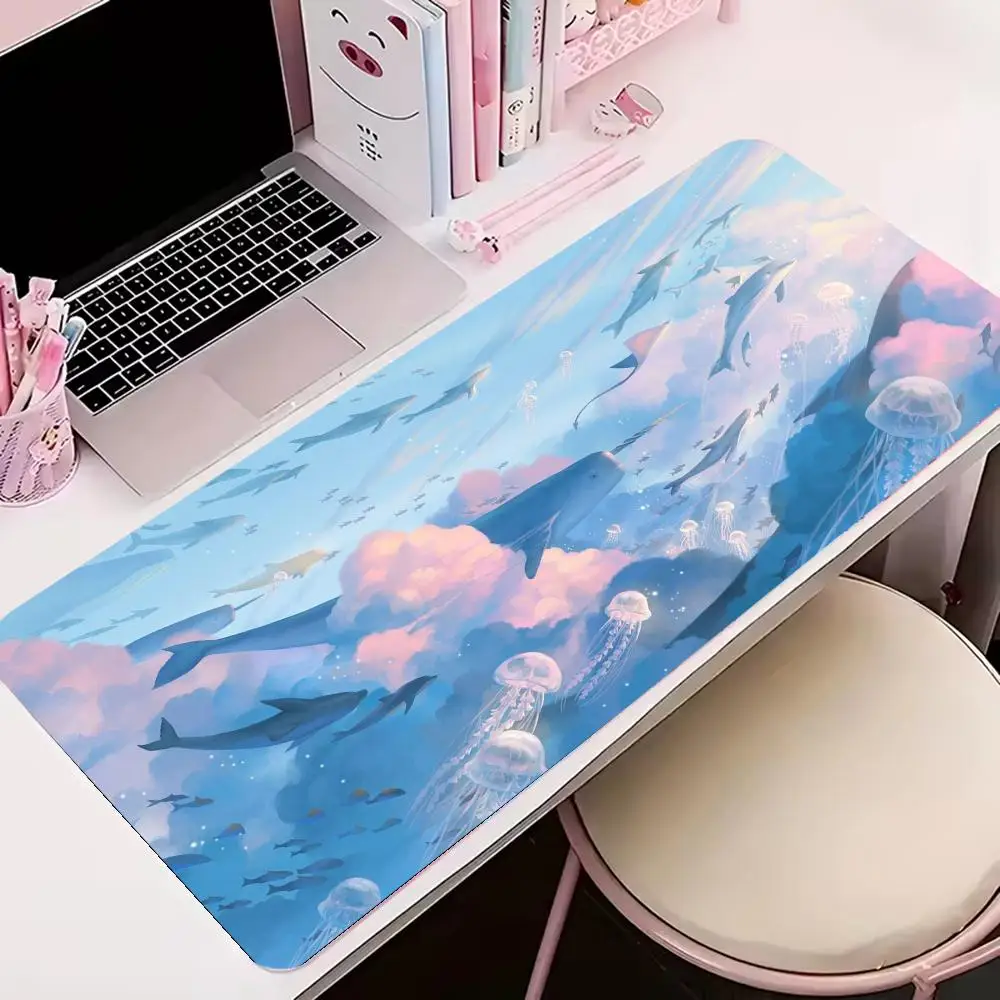 Dreamy Ocean Whale Sky Large Mouse Pad, Aesthetic Jellyfish Cloud Desk Mat, Non-Slip Smooth Gaming & Office Mousepad