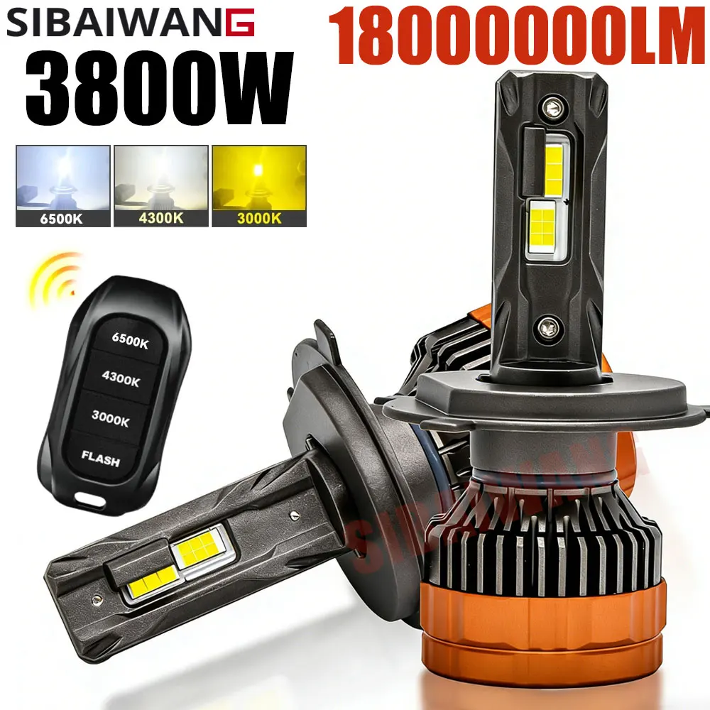 

3800W H7 H4 LED Headlights H1 H11 Led 9005 9006 9012 6500K 4300K 3000K Three Color Remote Control for Car Headlights Lights 12V