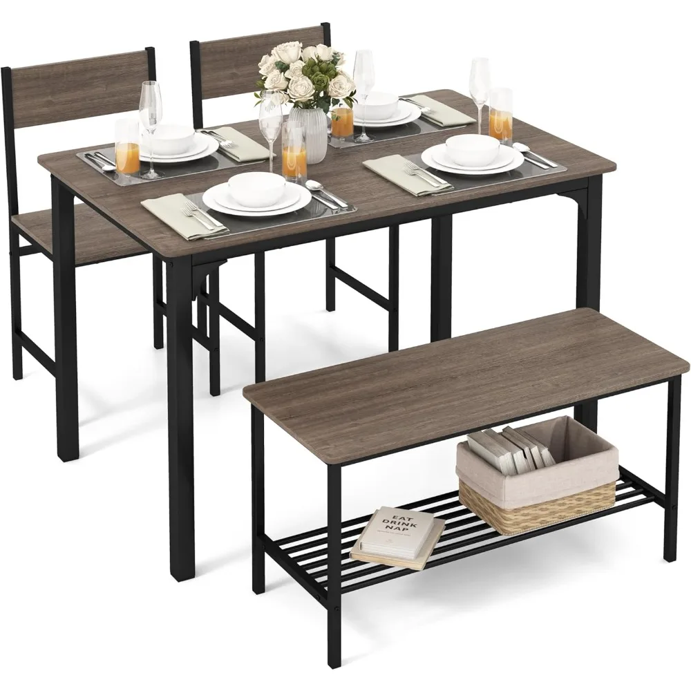 Dining Table Set for 4, Kitchen Table and 2 Chairs for 4 with Bench, 4 Piece Dining Table Set for Small Space, Apartment