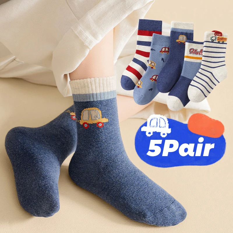 5 Pair Spring and Autumn Children's Cartoon Car Student Middle Socks Breathable Boys' Middle and Large Children's Socks
