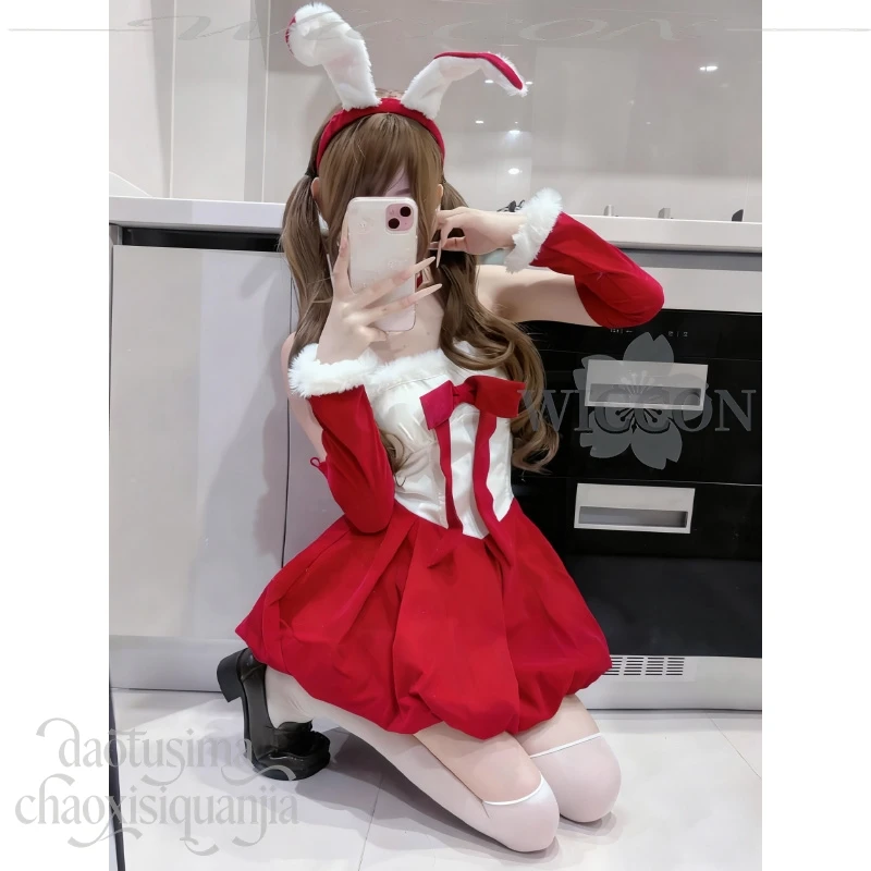 Anime 2025 Christmas Party Kawaii Original Design Uniform Red Velvet Maid Bunny Girl Dress Cute Rabbit Headwear Halloween Cos