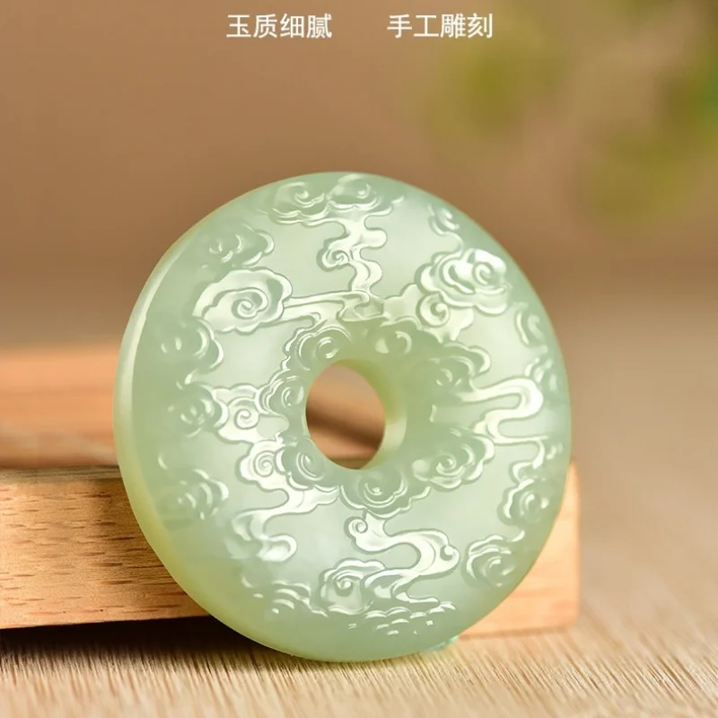 Colgante de jade azul-blanco natural con diseño de nubes auspiciosas, colgantes de jade de doble cara para hombre y mujer, joyería de jade afgano.