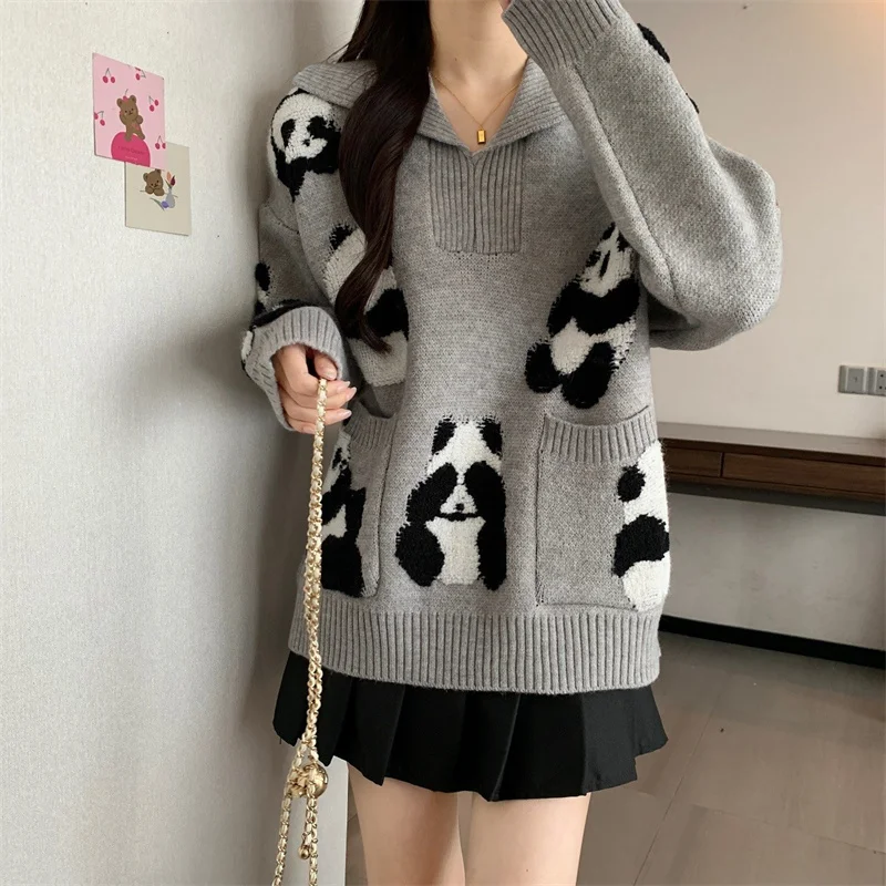 

Fashion Grey Sweater for Women's 2025 New Autumn Winter Panda Jacquard High-end Feeling Super Beautiful Knitted Sweater Pullover