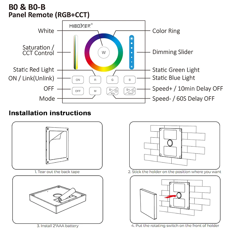 Miboxer B0 2.4G Timming 86 Panel przełączników dotykowych Regulacja jasności Ściemniacz RGB RGBW RGB+CCT Do taśm Led / Panel świateł / Kontroler