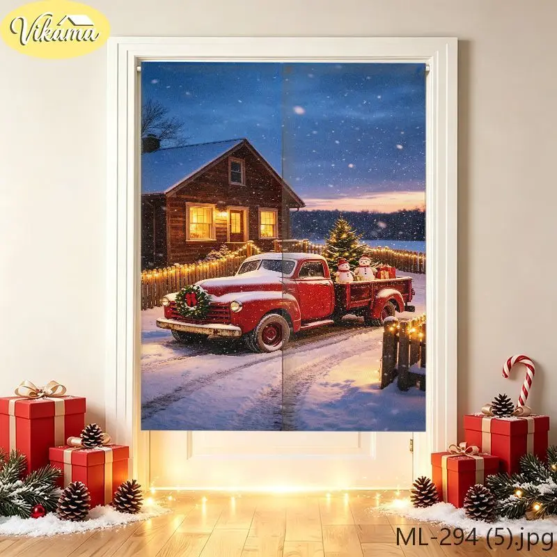 VIKAMA Retro Red Pickup Truck Christmas-Style Half Curtain, Fabric Entryway Curtain, Privacy Screen, Wall Decor