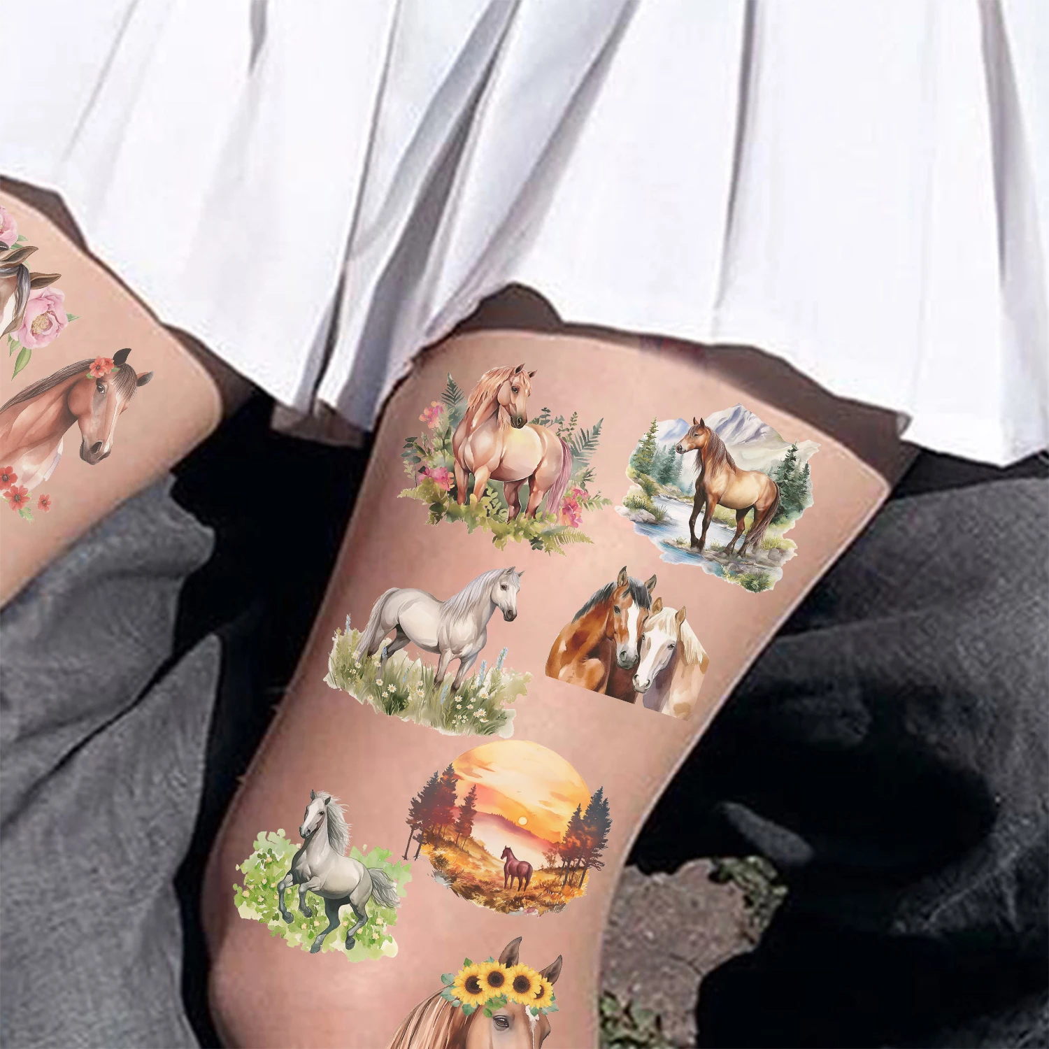 10Pcs/set Horse Animals Tattoo Stickers Waterproof and Sweatproof Watercolor Disposable Temporary Stickers