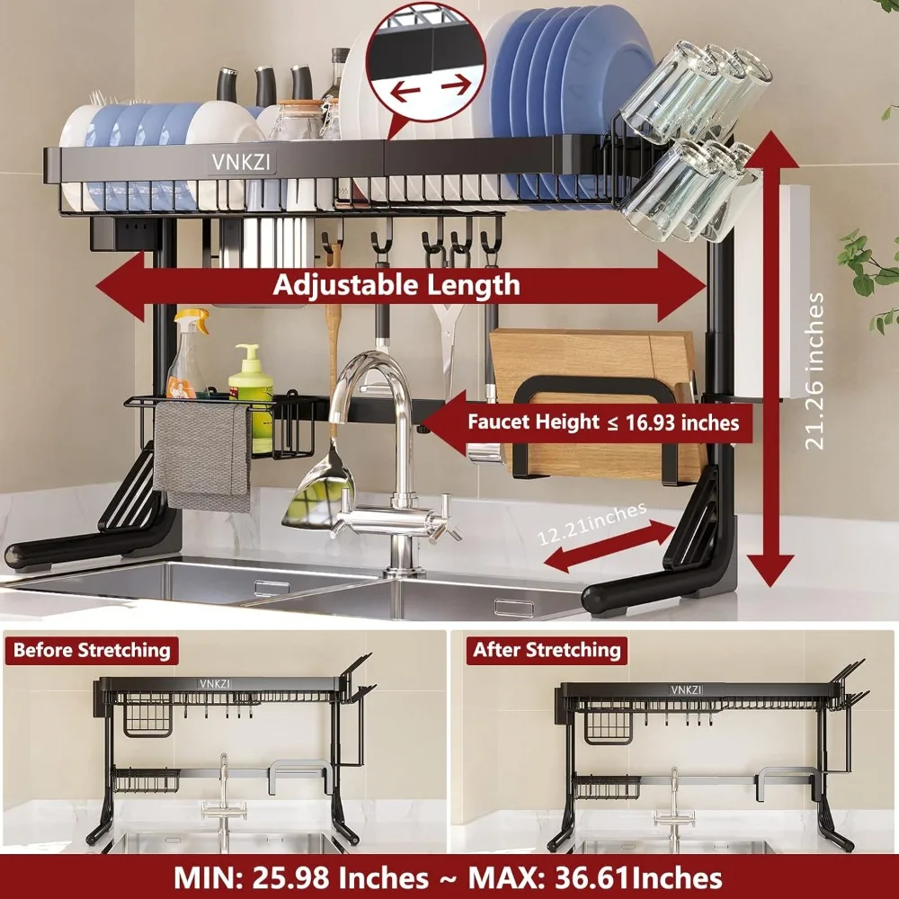 VNKZI-Sobre Pia Escorredor, Secagem Rack, 2 Tier, Armazenamento de Aço Inoxidável, Comprimento Ajustável, 25,98 a 36,61 '', Cozinha Rack, Mu Mu