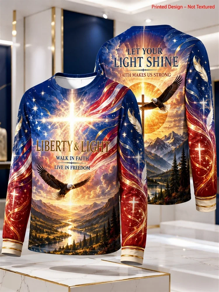 Men's Amazing Grace Unshaken Faith Jesus Cross Eagle USA Flag Long Sleeve T-Shirt Christian Graphic Pullover Tops Gift New