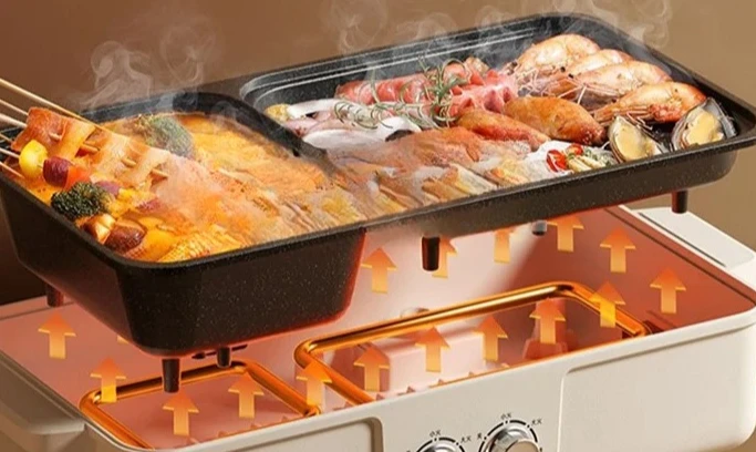 

Multi functional electric cooking pot: a combination of barbecue and hot pot