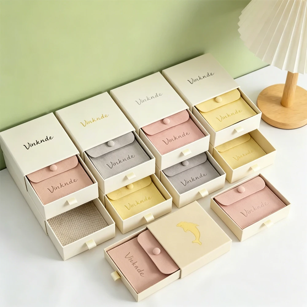 

Custom Logo Ring Earring Necklace Paper Boxes Jewellery Packaging Box Drawer Jewelry Gift Case with Microfiber Velvet Snap Bag