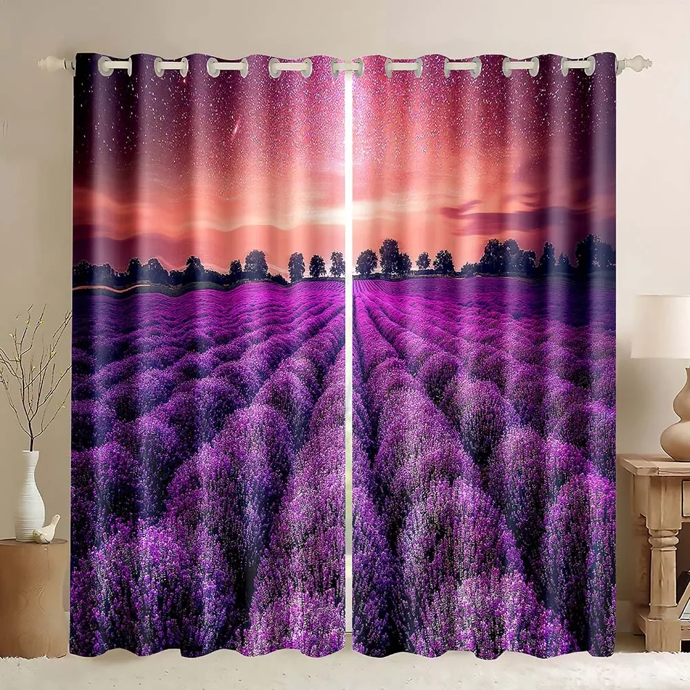 Flower Window Blackout Curtains Farmhouse Purple Lavender Floral Romantic Country Sunset Lavender Field Inspired Design Art