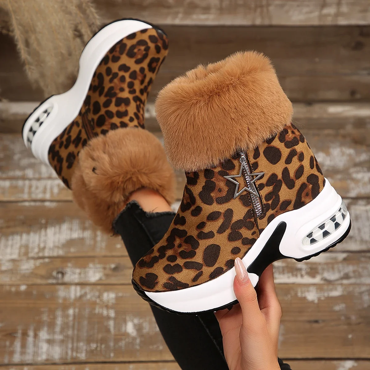 Women Single Boots Winter New Thick-soled Leopard Print Frosted Zipper Cotton Boots Casual Comfort Warm Elevating Snow Boots