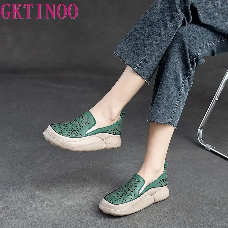 GKTINOO Fashion Women Hollow Sneakers 2024 Summer Thick Bottom Mixed Colors Genuine Cow Leather Platform Vulcanized Shoes