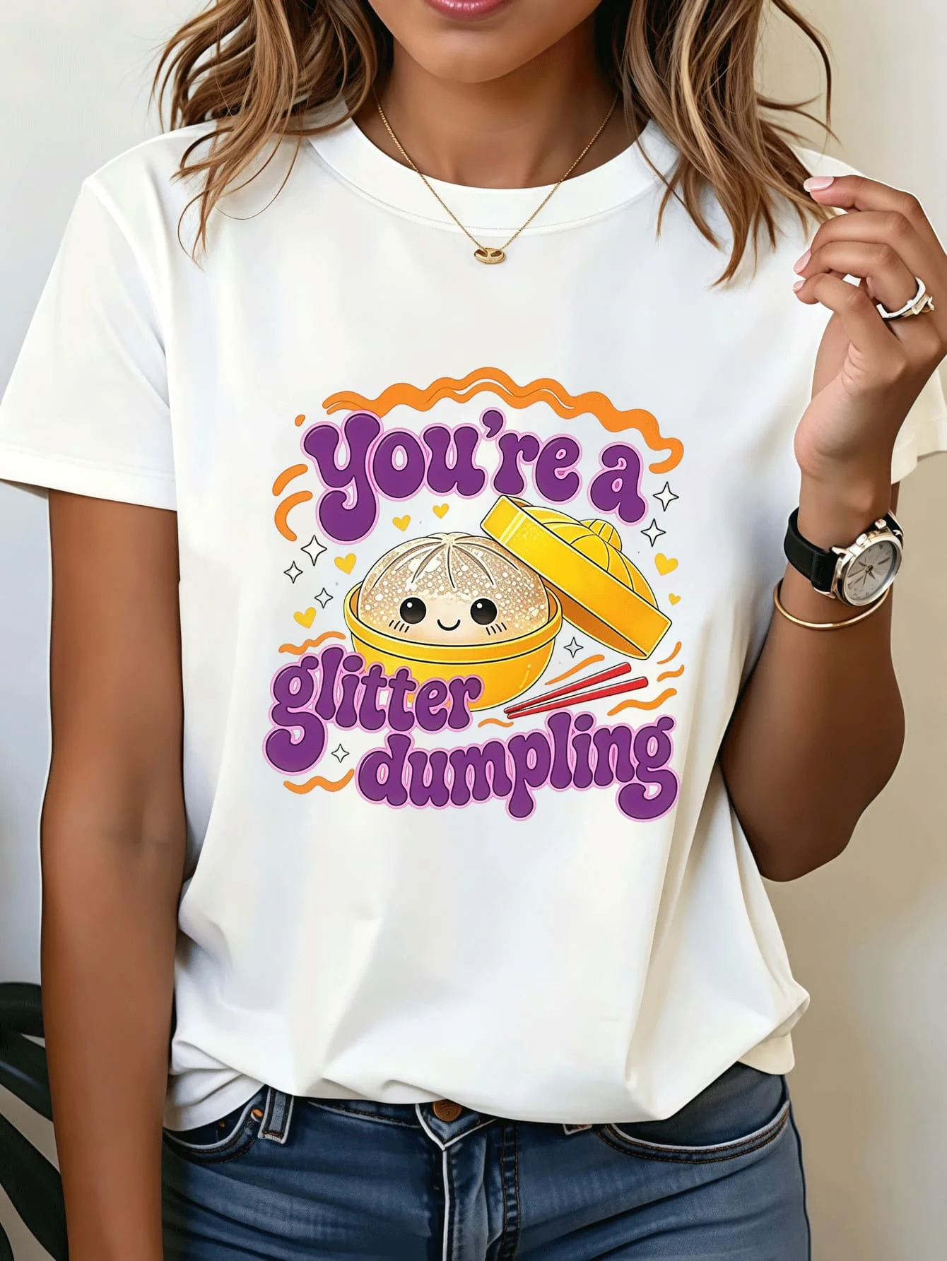 Cute Glitter Dumpling Bamboo Basket Hearts Art Print Graphic Womens T Shirt Short Sleeve Crew Neck Casual Ladies Tee Tops